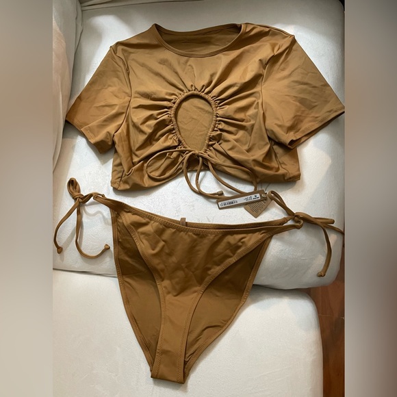 NWT 2pc Skim Swimsuit Rushed T-Shirt & Bikini String Tie Bottoms Almond Size 2X - Picture 4 of 13